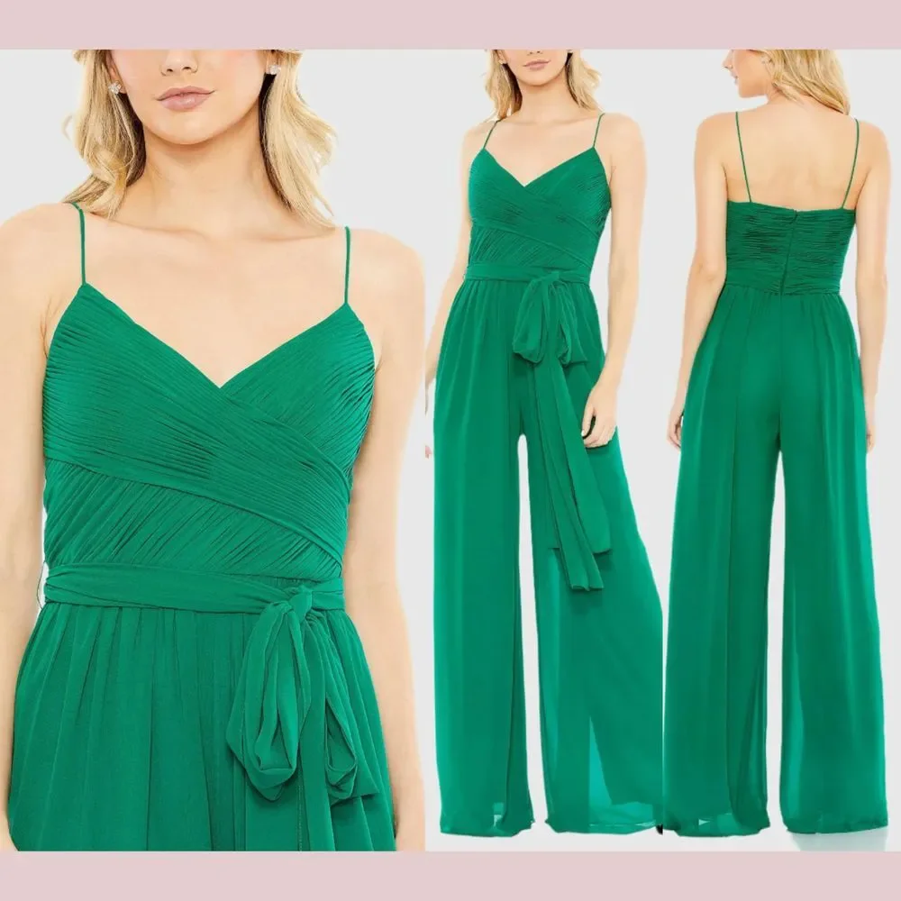 NWD IEENA Mac Duggal [ XS‎ ] 2651 Ruched Sleeveless Tie Jumpsuit Emerald Green